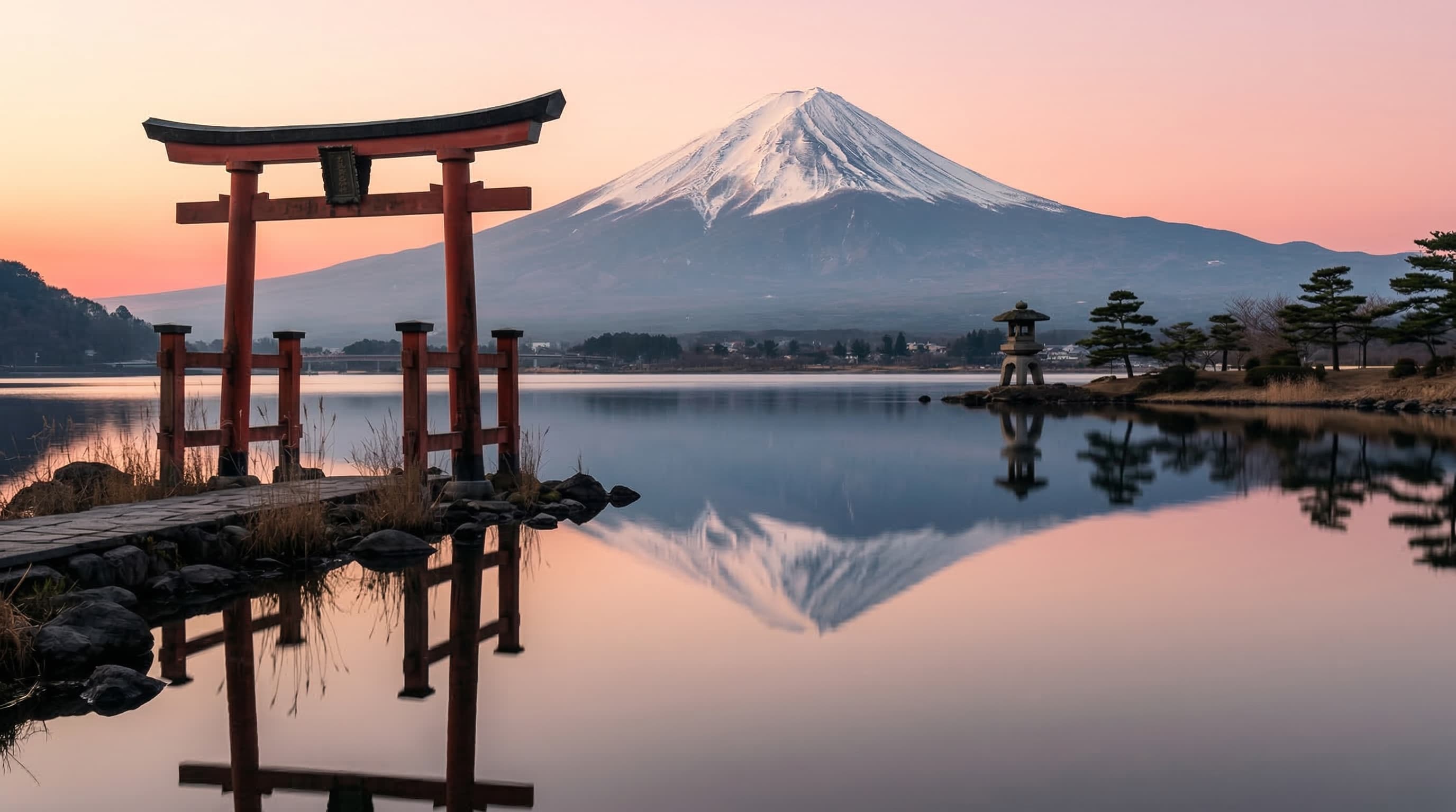 Minimalist Japan landscape — Mount Fuji, torii gate, and serene lake at dawn